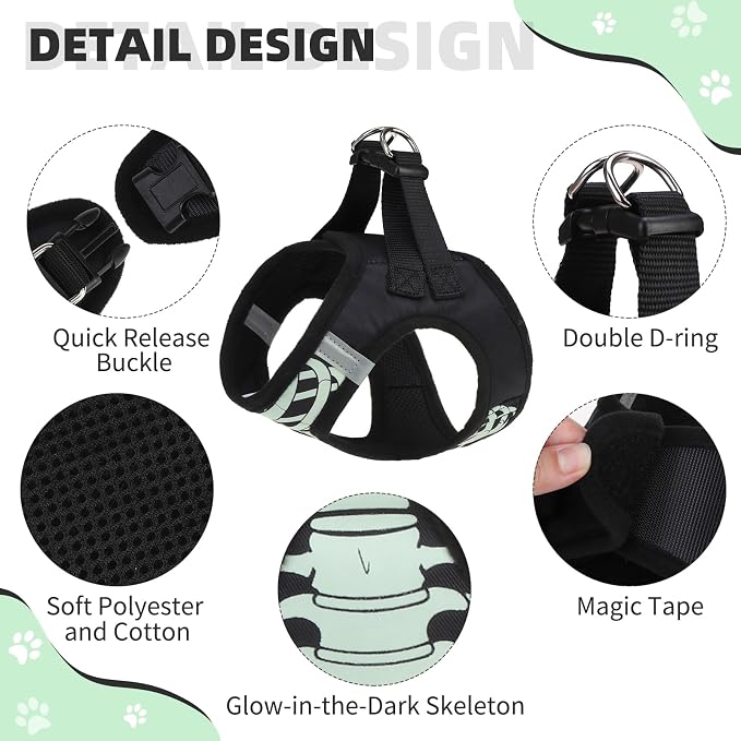 KOOLTAIL Halloween Dog Harness and Leash Set for Small Medium Dogs,Step in No Pull Soft Mesh Comfort Padded Pet Vest Harness,Glow-in-Dark Skeleton Design Easy Walking Puppy&Cat Harness for Holiday S