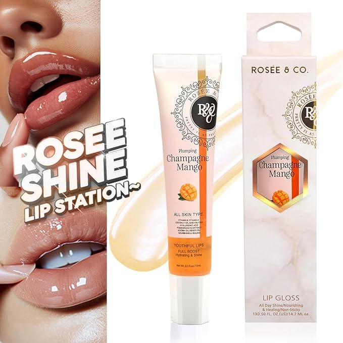 Rosee Lip Gloss Vegan & Cruelty Free Treatment, Professional Make up, Long Lasting Glossy with Shea Butter, Moisturize, Protect & Smooth, High Shine, Non-Sticky (q.Champagne Mango, 0.5)