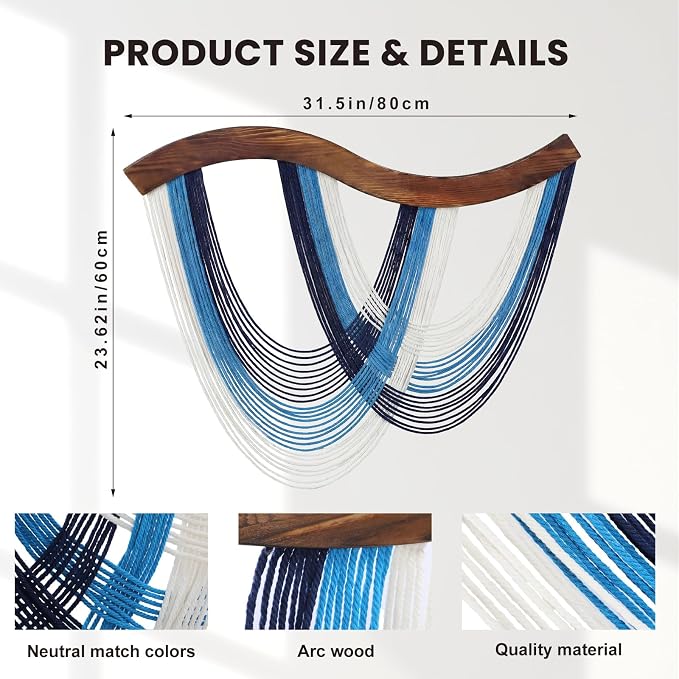 Navy Blue Macrame Wall Hanging Dip Dyed Yarn Wall Art, Modern Boho Decor | Handmade Cotton Rope Tapestry for Bedroom, Living Room, Nursery, 31.5 x 23.6 Inch