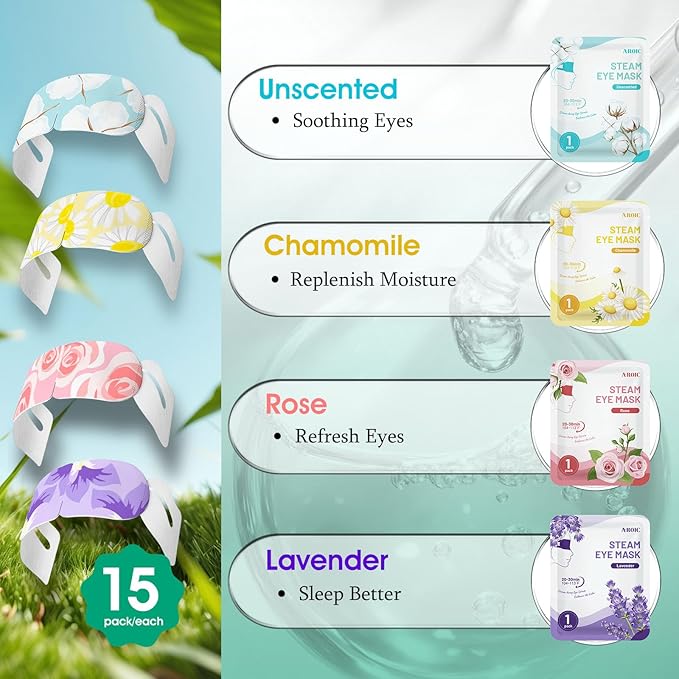 AROIC 120 Pack Steam Eye Masks Disposable, Heated Sleep Eye Mask for Women Warm Compress for Eyes, Relaxation Mothers Day Gifts, Travel Essentials - Lavender, Unscented, Chamomile, Rose