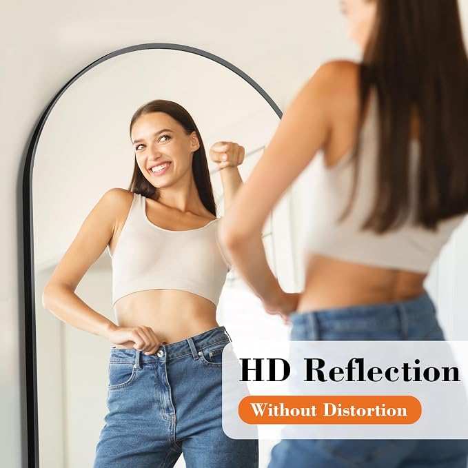 DUMOS 64"x21" Arched Full Length Mirror with Stand, Full Body Floor Mirror | Free Standing or Wall Mount, Nano Glass Aluminum Frame, Hanging or Leaning, Modern Simple Home Decor, Black