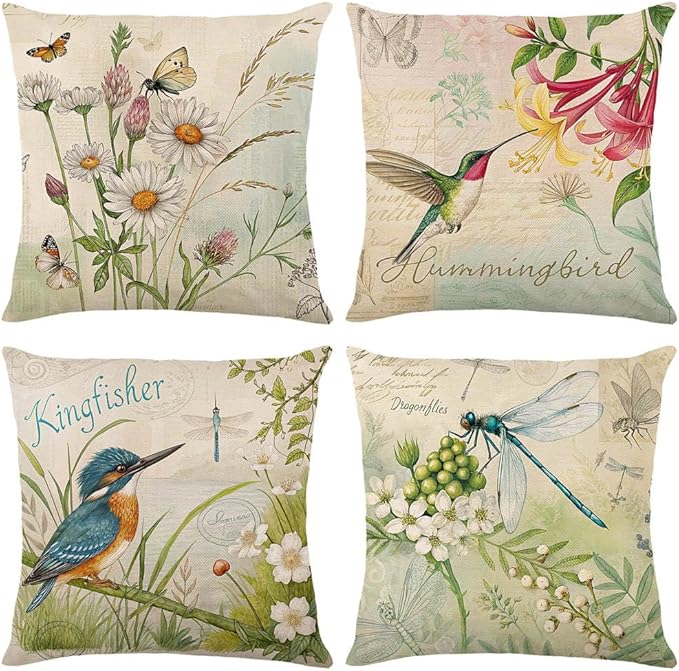 wyooxoo Throw Pillow Covers 20x20 Set of 4 Spring Summer Pillow Covers Flower Butterfly Bird Farmhouse Pillowcases for Sofa Couch Living Room Outdoor