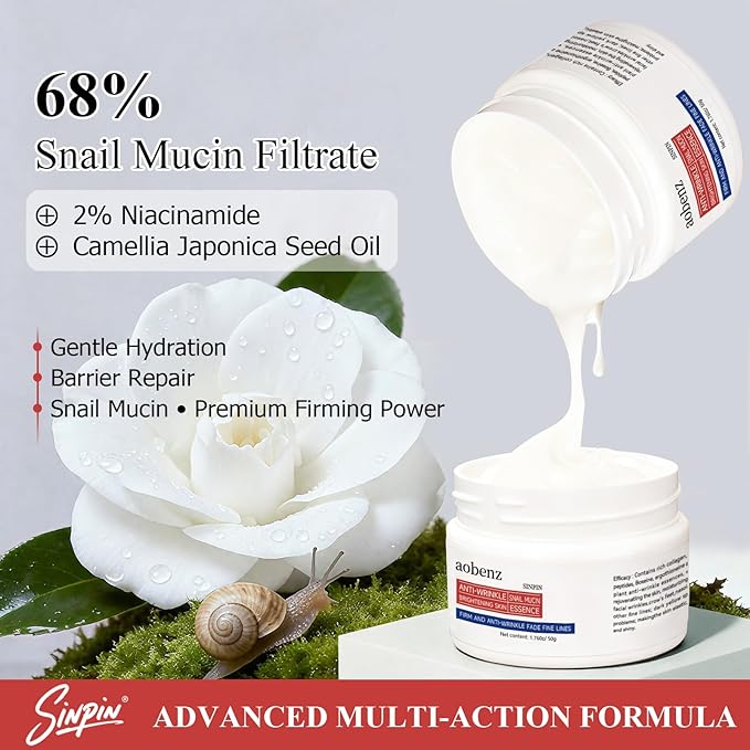 aobenz Snail Mucin Moisturizer - Snail Mucin 68%, Niacinamide 2%, Hyaluronic Acid | Firming & Hydrating Night Cream for Face, Neck | Anti Wrinkle, Tightening, Repair |For All Skin Types, 1.76FL(2PCS)