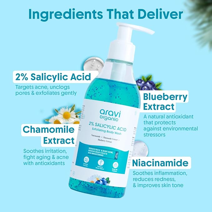 Aravi Organic 2% Salicylic Acid Exfoliating Body Wash with Niacinamide & Blueberry - Prevents Body Acne, Dead Cells, Deep Cleanses & Odor Defense - All Skin Types - SLS & Paraben Free - 300 ml