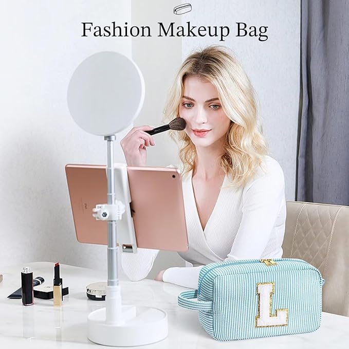 YOOLIFE Travel Makeup Bag for Women - Personalized Monogram Initial Blue Makeup Bags Cosmetic Toiletry Bag Pouch Make Up Case for Women Mom Her Best Friend Female Teacher, Birthday Gifts for Women W