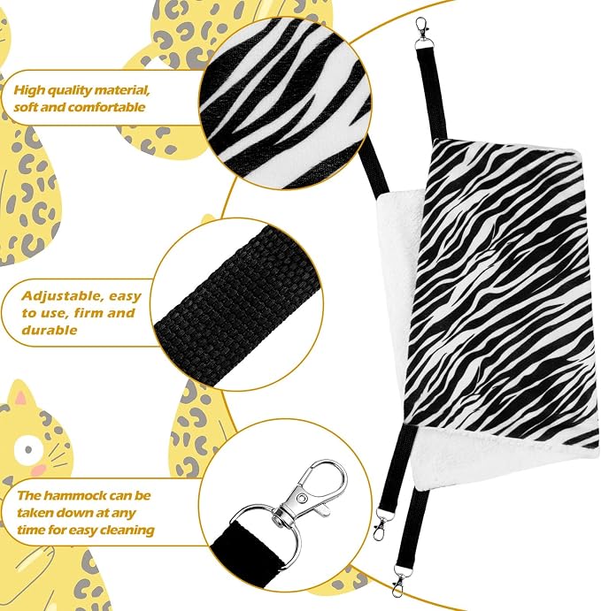 Jetec 2 Pack Cat Hammock for Cage, Zebra, Tiger Stripes, M | Catio Accessories, Reversible Soft Cats Bed, Adjustable Straps and Hooks, Double-sided Linen, Fleece Hanging Hammock for Cats