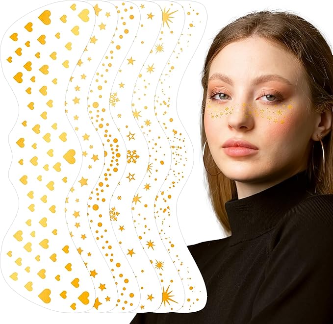 Glitter Freckles Face Tattoo, 6 Sheets Gold Face Makeup Patches, Glitter Freckles, Sparkle Makeup Patches, Sweatproof Waterproof Sparkle Freckles, Fake Freckles for Women