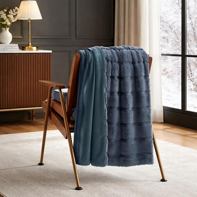 Cozy Bliss Deluxe Sheared Rabbit Faux Fur Throw Blanket, Soft Fuzzy High-Low Sculpted Plush Blanket for Couch, Cozy Home Accent, All Season Use, Blue 50"x60"
