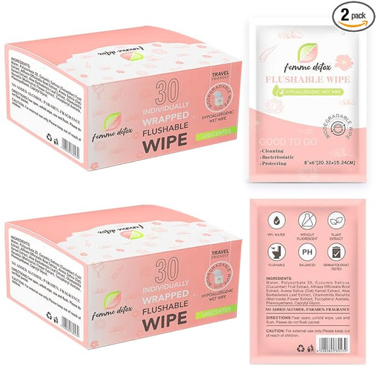 Flushable Feminine Wipes pH-Balanced & Unscented for Sensitive Skin | Individually Wrapped, Septic-Safe, Aloe-Infused | Travel & Home Use (60 Count)