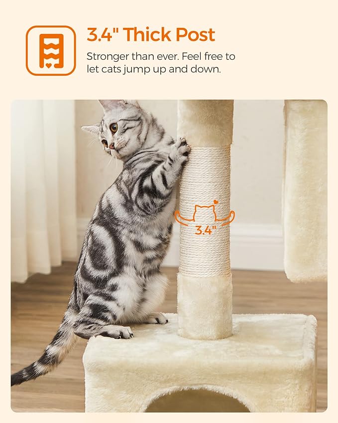 Feandrea Cat Tree, 33.1-Inch Cat Tower, Plush Condo for Large Cats up to 16 lb, Large Perch, 2 Caves, Scratching Post, Beige UPCT61M