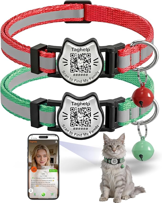 Breakaway Cat Collar with QR Code Tag and Bell (Red & Green) | Reflective Nylon, Quick-Release Buckle