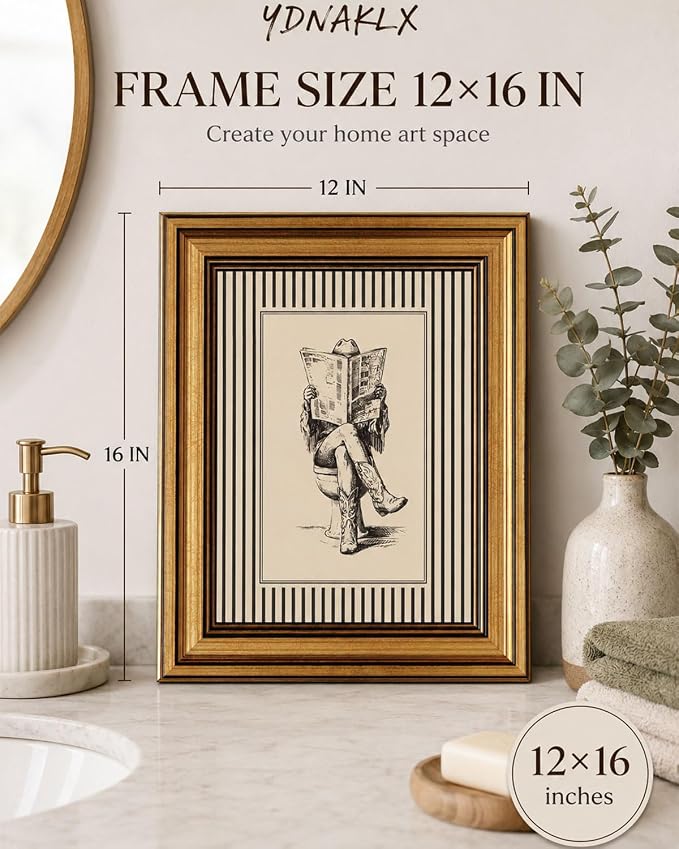 Gold Framed Wall Art, Funny Western Cowgirl Bathroom Canvas Prints, Cowgirl Reading Newspaper on Toilet Picture Wall Decor, Neutral Rustic Farmhouse Artwork for Bathroom Restroom 12x16 inch