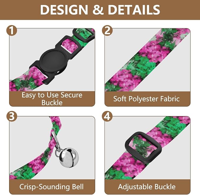 2 Pack Small Dog Collar Watercolor Roses Green Breakaway Cat Collars with Bell, Adjustable Length 10.6" to 17.1"
