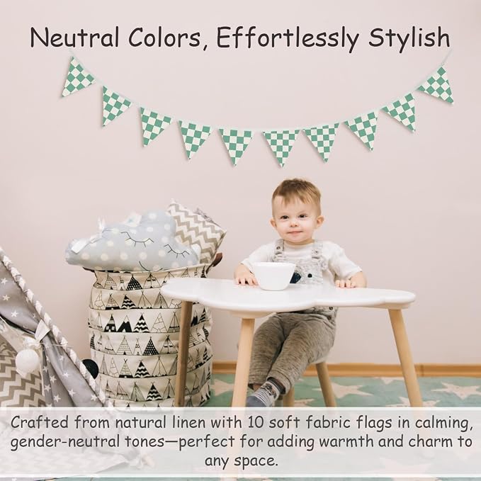 Green Classroom Wall Decor, Green and White Checkered Garland Triangle Banners, Boys Room Wall Art Decor,Cars Room Decor for Toddler Nursery Playroom,Racing Flag 11Ft Bunting Flags Fabric