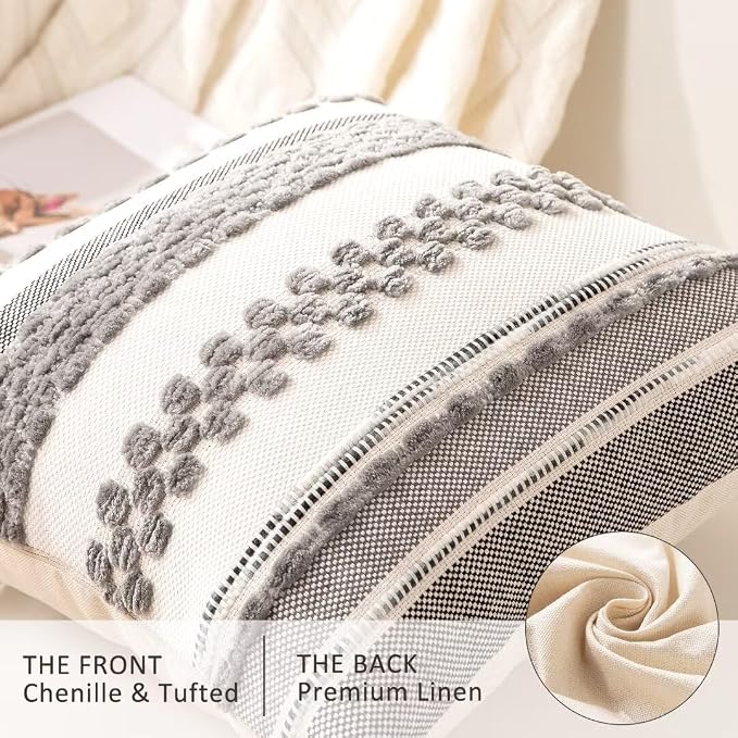 Boho Throw Pillow Covers Decorative Neutral Farmhouse Pillow case | 18x18 Set of 2 Cushion Case Striped Square Pillows Cover Couch Pillow Cases Accent Pillowcase for Sofa Bed,Gray