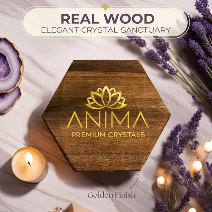 Anima Premium 7 Chakra Healing Crystals Set for Energy Alignment - Large Raw Amethyst, Rose Quartz, Citrine, Lapis Lazuli, Clear Quartz, Tigers Eye & Red Jasper - Wooden Gift Box & Guidebook Included