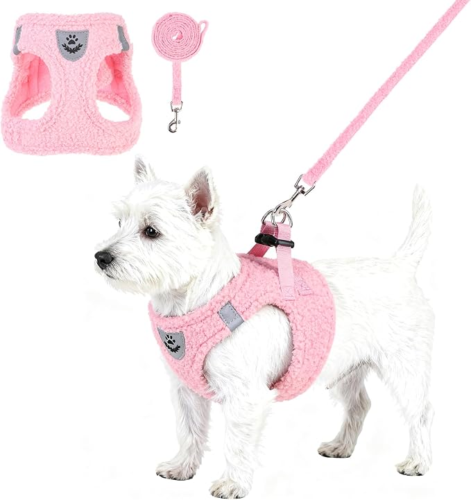 KOOLTAIL Plush Small Dog Harness and Leash Set, Warm Fleece No Pull Puppy Vest for Winter, Lightweight Reflective Step in Pet Harness for Medium Sized Dogs Boy Girl Outdoor Walking Cute Soft, Pink S