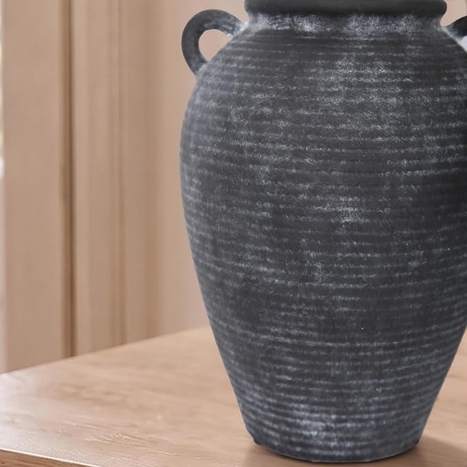 8.7" Black Ceramic Vase with Handles for Home Decor | Black pottery vase with handles; small black vase, watertight for fresh flowers, pampas grass, shelves, mantels and tables