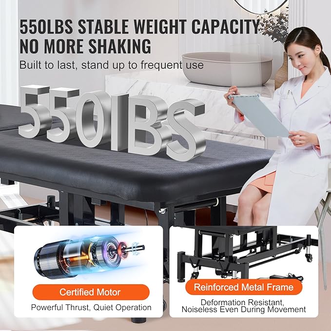 VEVOR Professional Electric Lift Massage Table, 0-45° Adjustable Backrest Medical Table Beauty Bed, Height Adjustable Tattoo Spa Table on Wheels, Electric Massage Table with Headrest, 550LBS