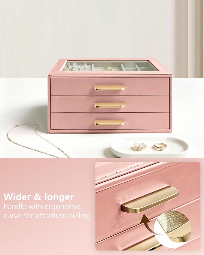 Homeanda Jewelry Boxes Organizer with Glass Lid, 3-Layer PU Leather, Pink | Modern style display case with 3 drawers for daily jewelry, women, mom or girl gift