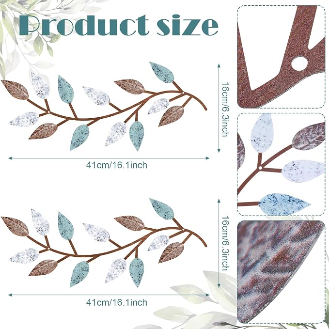 Zhengmy 2 Pcs Metal Leaf Wall Art Vine Branch Decor,Blue Brown Colors | Olive Branch Metal Decor for Living Room Hallway, Symmetrical Leaf Pair for Doorway Entryway, Lightweight Hanging Art Design