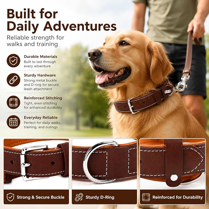 Genuine Leather Dog Collar, Soft Padded Leather Dog Collars with Airtag Holder Case for Small Medium Large X-Large Dogs,Comfort Heavy Duty Pet Collar with Durable Metal Buckle & D-Ring-Brown/L