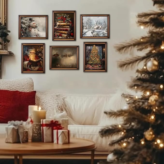 Vintage Christmas Santa Poster Set of 6, Santa Claus Pictures Wall Art Christmas Tree Wall Decor Painting Rustic Holiday Canvas Print Artwork for Living Room Farmhouse 12x16 inch Unframed