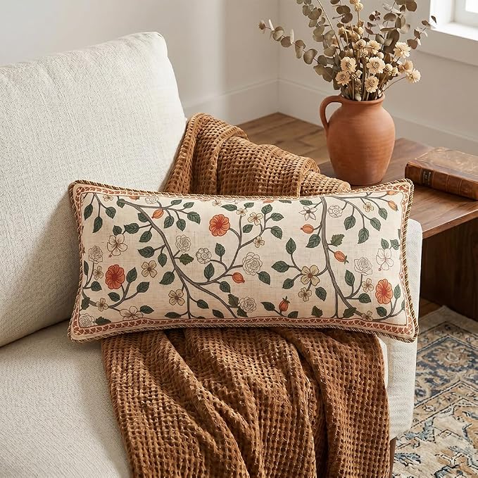 Designer Elegant Linen Throw Pillow Cover,Set of 2,28"x12"-Flora A | French Rectangle Decor Pillow Cover,Concealed Zipper Design,Floral Pattern,Sofa,Bedroom,Living Room,Lounge Chairs