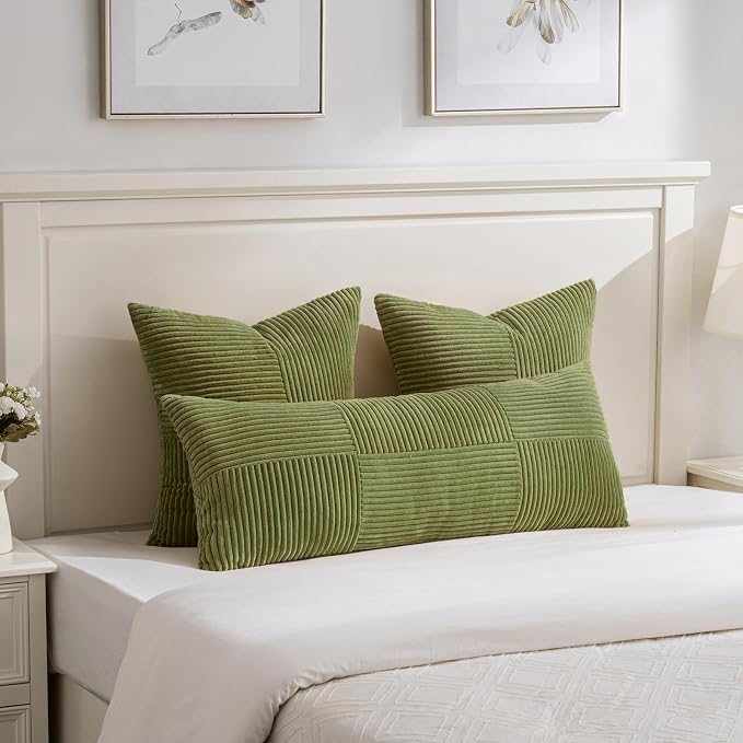 Fancy Homi Moss Green Decorative Throw Pillow Covers 20x20 Inch for Living Room Couch Bed Sofa, Farmhouse Boho Home Decor, Soft Corss Corduroy Patchwork Accent Square Cushion Case 50x50 cm