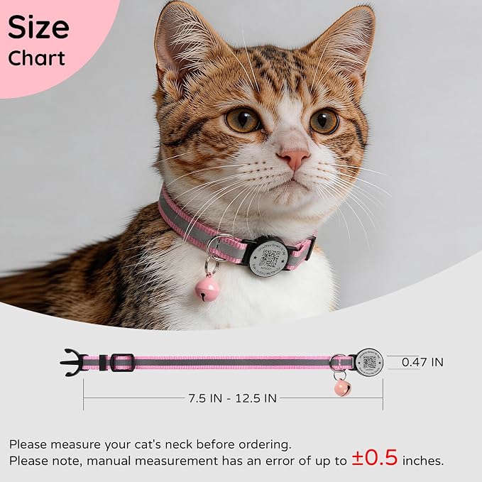 Breakaway Cat Collar QR Code, Reflective Bell, Adjustable Kitten Pink