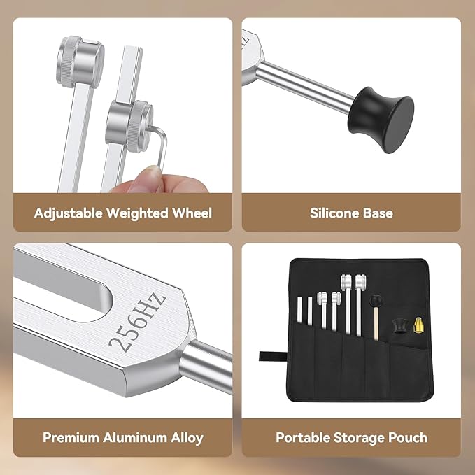 Tuning Forks for Healing Set (128Hz, 256Hz, 512Hz), with Percussion Hammer Mallet, Crystal Base & Storage Pouch, Sound Therapy Instrument for Chakra/Yoga/Meditation