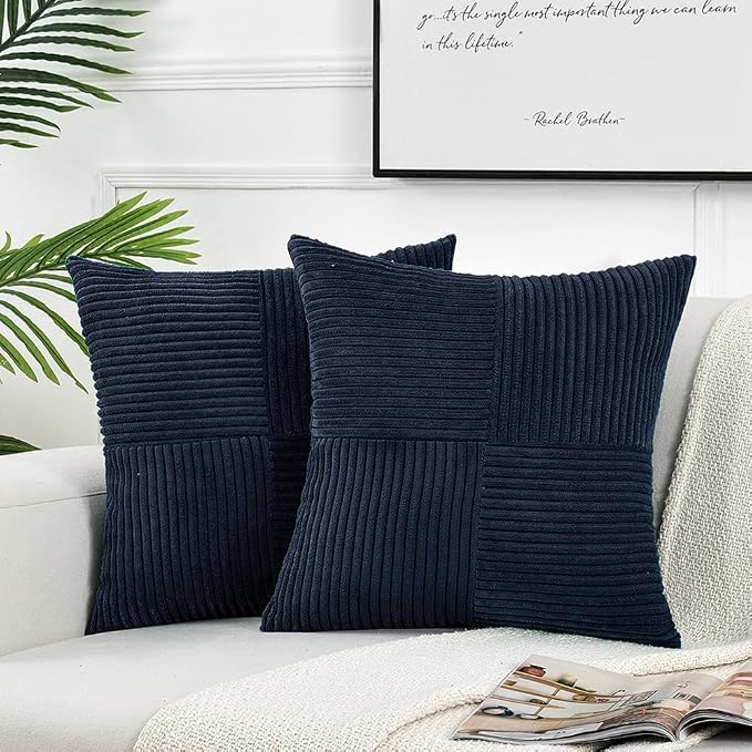 Fancy Homi Navy Blue Decorative Throw Pillow Covers 20x20 Inch for Living Room Couch Bed Sofa, Rustic Farmhouse Boho Home Decor, Soft Corss Corduroy Patchwork Accent Cushion Case 50x50 cm