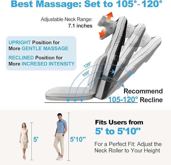 Shiatsu Neck Back Massager with Heat - 4D Kneading Full-Body Massage Cushion with Vibration, Dual-Neck Design, Adjustable Intensity, Height for Release Stress, for Office Chair, Home, Grey