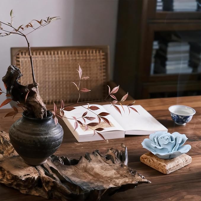 Ceramic Passive Essential Oil Diffuser, Aesthetic Desktop Handmade Flower & Concrete Base, Porcelain Aromatherapy Oils Diffuser for Home, Office, Yoga, Spa Room (Blue Rose)