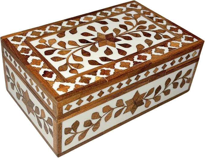 Perilla Home Home Decor Decorative Storage Wooden Box Small Floral Organizer Tool Stash Card Craft Treasure Trinket Memory Keepsake Jewelry Box for Men and Women, Gifts For All, Brown and Off White