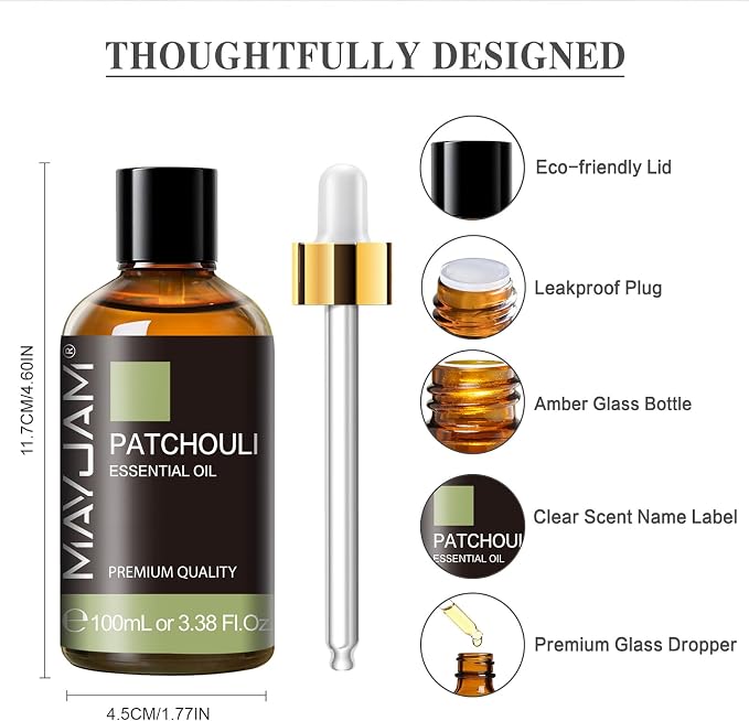 Patchouli Essential Oil, MAYJAM 3.38FL.OZ Essential Oils, Use with Aromatherapy Diffuser, During Yoga, Massage, Bath, Patchouli Oil for Skin