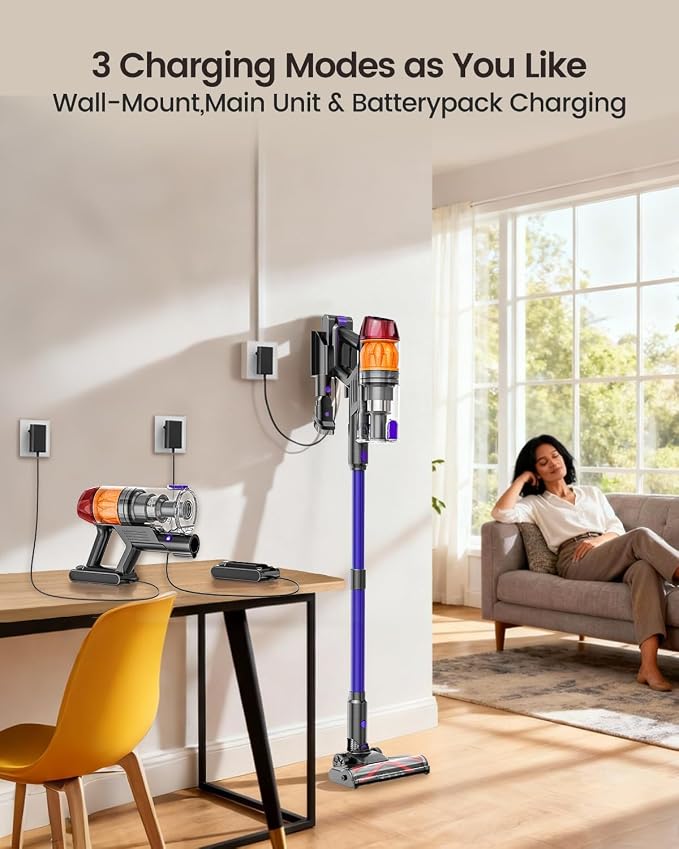 Cordless Vacuum Cleaner, 500W 40KPa 60Mins Vacuum Cleaners for Home, Anti-Tangle Rechargeable Vacuum with Green Light Wireless Vacumm for Pet Hair/Carpet/Hardwood Floor Purple
