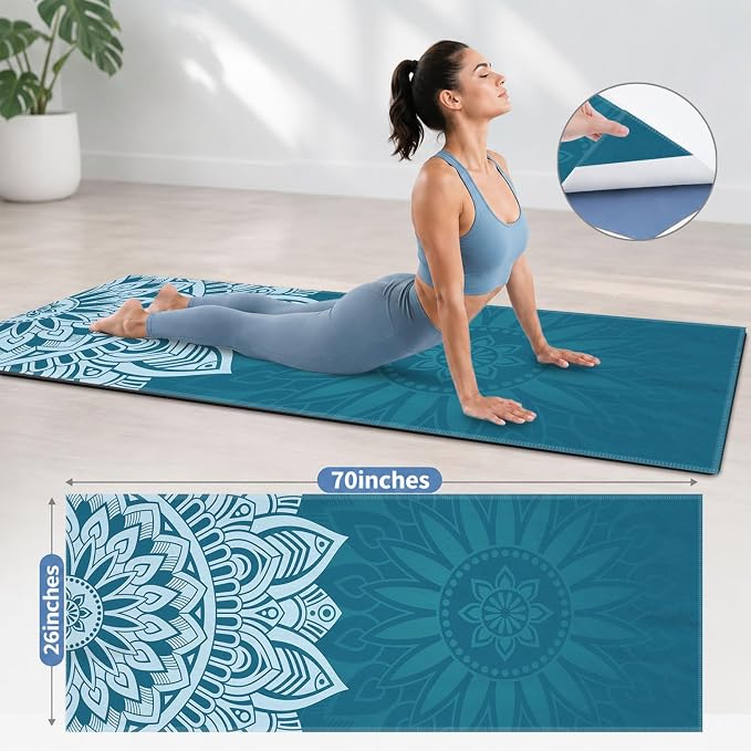 Yoga Mat Towel, Hot Yoga Non Slip with 4 Corner Pockets, 70 x 26 in | Soft Absorbent Microfiber With Four Corner Pockets, Fits Over Yoga Mats For Hot Yoga, Pilates, Gym, And Travel
