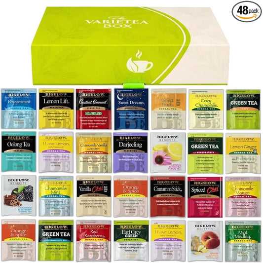 Bigelow Tea Sampler Assortment Variety Pack 48 Count - 24 Flavors - Perfect For Tea Lovers - With Gift Box