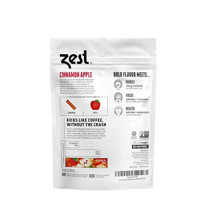 Zest Energy Tea - Cinnamon Apple Spice High Caffeine Black Tea Loose Leaf Blend - Caffeinated Coffee Altnernative/Substitute - Natural, Non-GMO & Keto Friendly - Hot or Iced - 50 Servings - 150mg Caf
