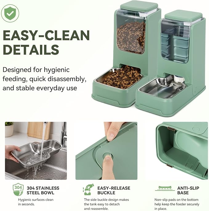 2 Pack Automatic Cat Feeder Stainless Steel Gravity Food and Water Dispenser for Small Medium Kitten Puppy Pets (Green)