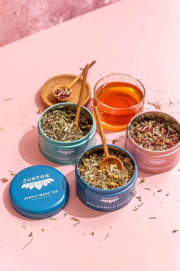 JusTea Herbal Tea Trio | Stacking Tins Variety Pack with Hand Carved Tea Spoon | Loose Leaf | Caffeine Free | Award-Winning | Fair Trade | Non-GMO