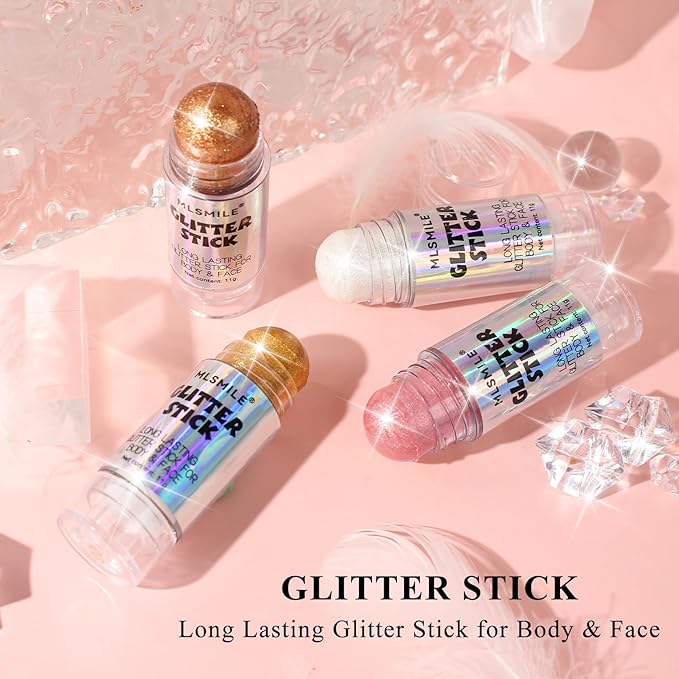 Rose Pink Body Glitter Stick, Multi-Use Highlighter Makeup, Long Lasting Glitter Stick for Body & Face Eyes Lip, Glitter Sparkling Mermaid Sequins for Women, Great for Daily, Festival, Party