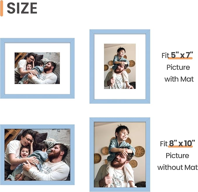 upsimples 8x10 Picture Frames, Gallery Wall Frames Set of 5, Blue | Photo Frame Collage Wall Decor, 8 x 10 Frame, 5x7 Frame with Mat for Family, Baby, Hallway, Christmas