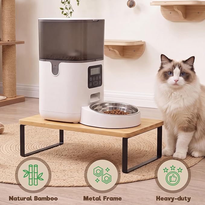Bamboo Wood Cat Food Stand for Automatic Cat Feeder and Bowls | Non-Slip Metal Frame Elevated Cat Bowls Stand 15.7'' x 9.1'' Tabletop Fit Most Automatic Feeders, Raises Feeder/Bowl by 3.5''