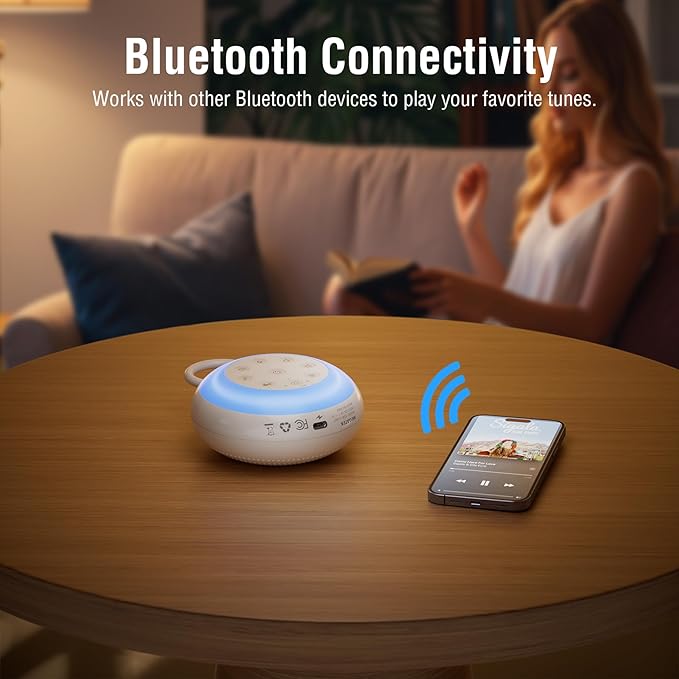MEGATEK Sleep Sound Machine, 24 Soothing Sounds, 9 Color Dimmable Night Light, Bluetooth & 180s Voice Recording, 2000mAh Rechargeable Battery with Timer & Hook, Easy to Use