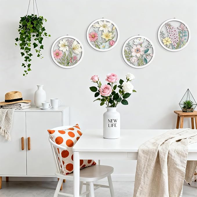 Boho Flower Wall Decor, Abstract Floral Market Wooden Wall Hanging Sign, 4 Pieces 10''x10'' Colorful Plant Wall Art, Minimalist Wildflower Botanical Wood Plaue for Girls Bedroom Living Room