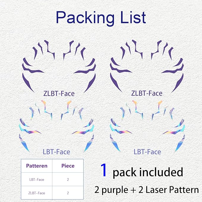 Rumi Tattoos – 1 Design x 4 Pieces (Purple), Temporary Face Tattoos, Waterproof & Skin-Safe for Cosplay, Festivals & Parties (Purple+Holographic)
