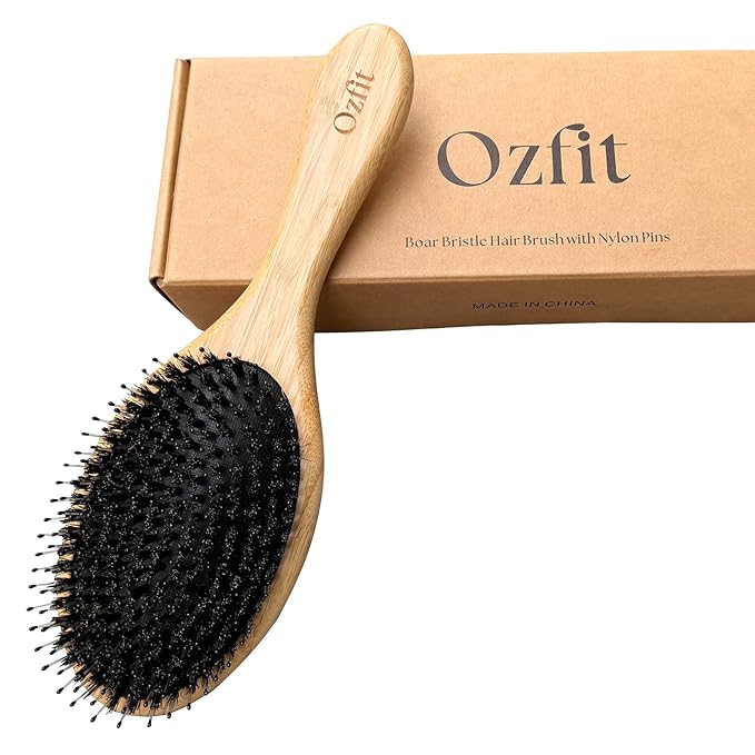 OZFIT Round Hair Brush - Boar & Nylon Bristles for Women, Men & Kids - Smoothing, Massaging & Detangling Wet/Dry Hair - Enhances Shine & Health