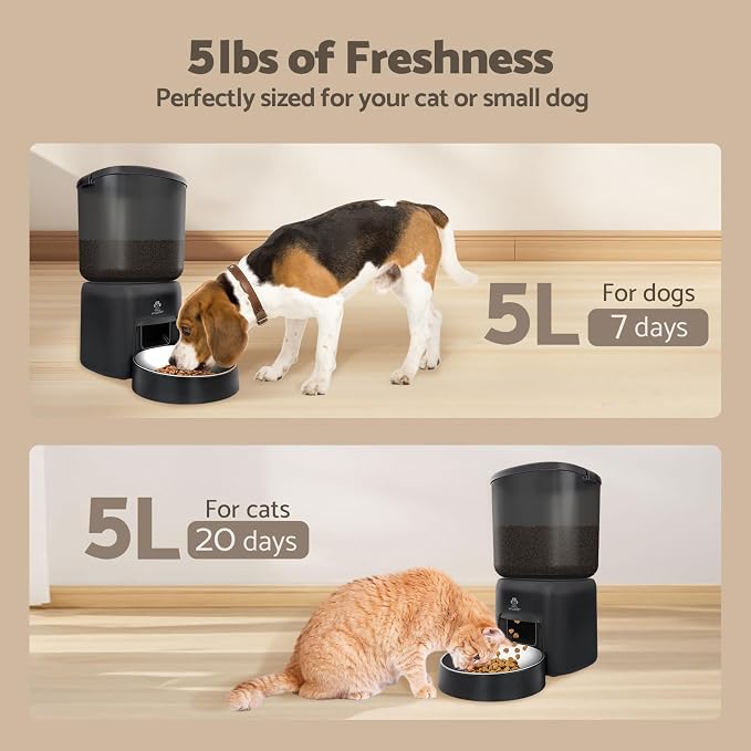 Automatic Cat Feeder, 5G WiFi Auto Cat Food Dispenser with Desiccant Bag, 5L Timed Pet Feeder with Free APP Service, Adjustable Portions Down to 1/12 Cup, Up to 10 Meals Per Day, Dual Power Supply